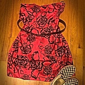 Torrid Strapless Red & Black Rose Dress W/ Pockets